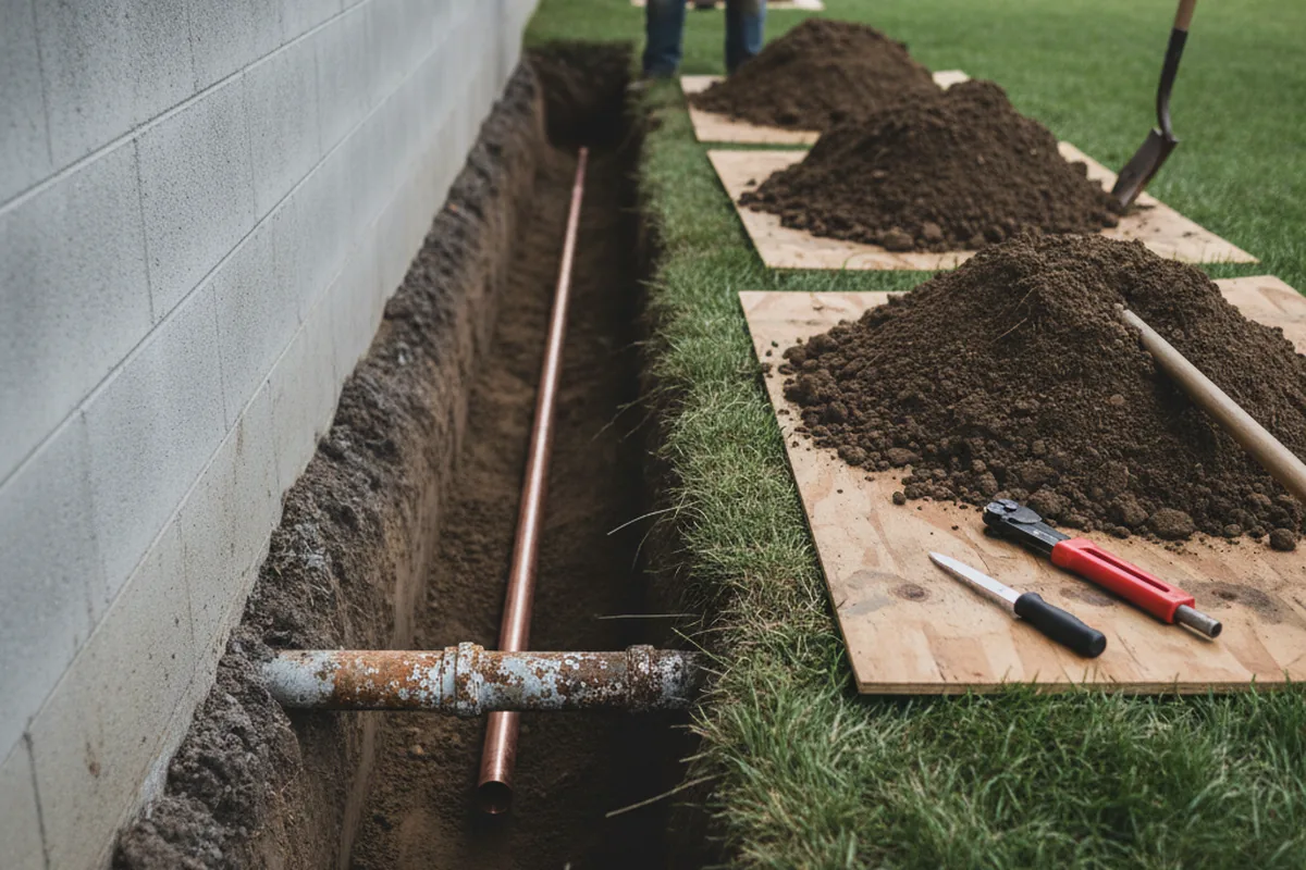 Excavated water line trench during Sewer Line Repair in Madison